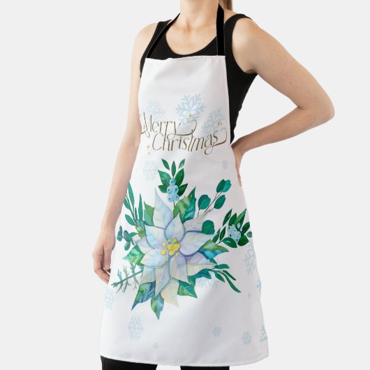 Vrolijk Kerstfeest Witte Poinsettia Sneeuwvlokken Schort (Insitu)