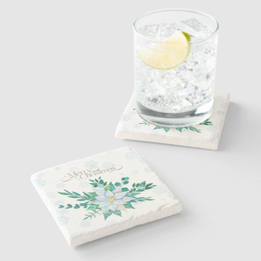Vrolijk Kerstfeest Witte Poinsettia Sneeuwvlokken Stenen Onderzetter (Zijkant)