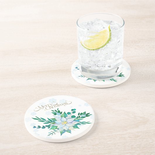 Vrolijk Kerstfeest Witte Poinsettia Sneeuwvlokken Zandsteen Onderzetter (Zijkant)