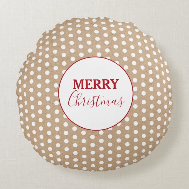 Vrolijk kerstfeest Witte poka Dots Kraft Rustic Rond Kussen (Voorkant)