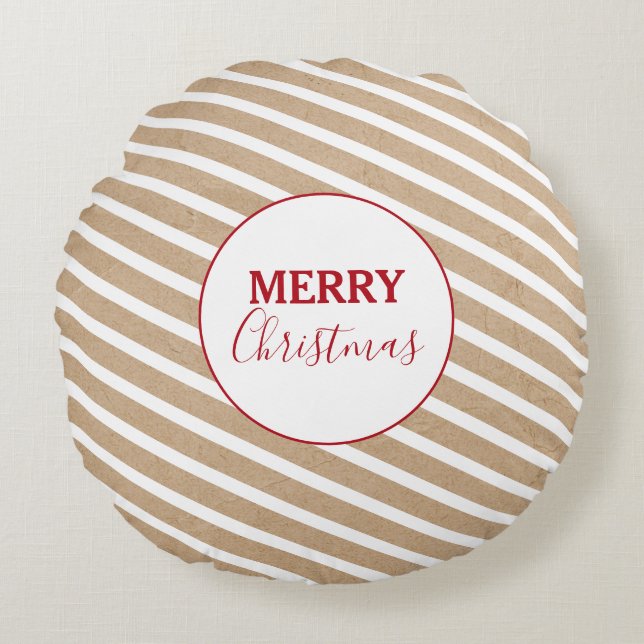 Vrolijk kerstfeest Witte Stripes Kraft Rustic Rond Kussen (Voorkant)