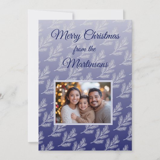 Vrolijk Kerstfeest Witte takken Blauwe Foto Feestdagenkaart (Voorkant)