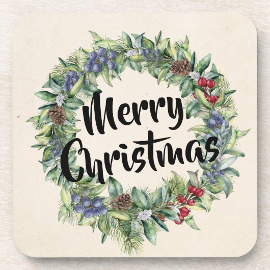 Vrolijk kerstfeest - Wreath - Handschilderde Water Bier Onderzetter (Voorkant)