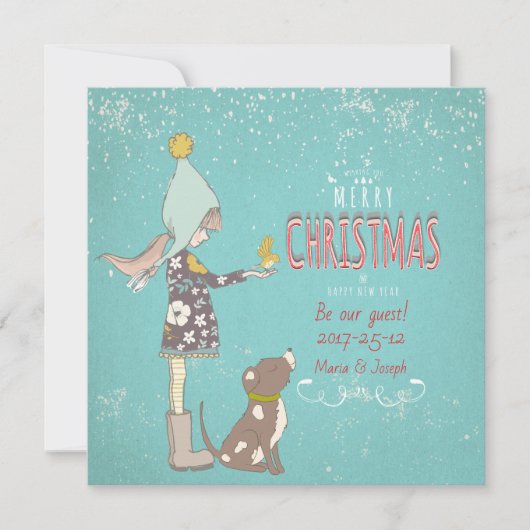 Vrolijk kerstfeest- X-mas Girl Dog editable Text o Feestdagenkaart (Voorkant)