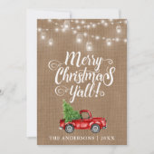 Vrolijk kerstfeest Y'all Jar Lights Truck Burlap Feestdagenkaart (Voorkant)