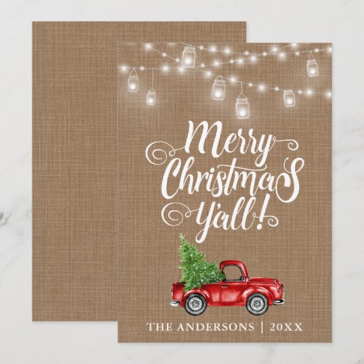Vrolijk kerstfeest Y'all Jar Lights Truck Burlap Feestdagenkaart (Voorkant / Achterkant)