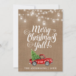 Vrolijk kerstfeest Y'all Jar Lights Truck Burlap Feestdagenkaart