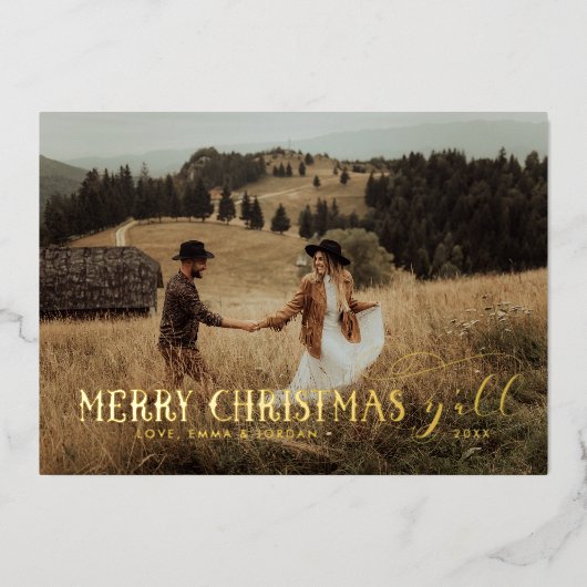 Vrolijk kerstfeest Y'All | kerstfeestfoto Folie Feestdagenkaart (Voorkant)