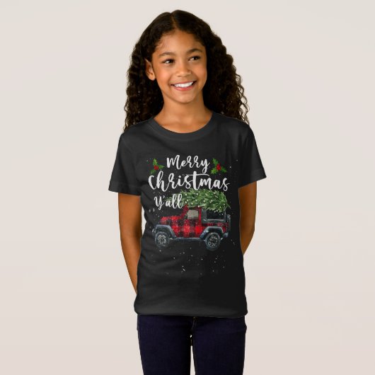 Vrolijk Kerstfeest Y'all Retro Red Plaid Auto Kers T-shirt (Voorkant volledig)