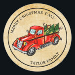 Vrolijk kerstfeest Y'all rode truck  Ronde Sticker<br><div class="desc">vrolijke kerst y'all rode truck  Classic Ronde Sticker</div>