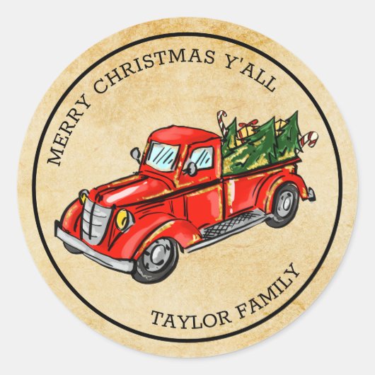 Vrolijk kerstfeest Y'all rode truck  Ronde Sticker (Voorkant)
