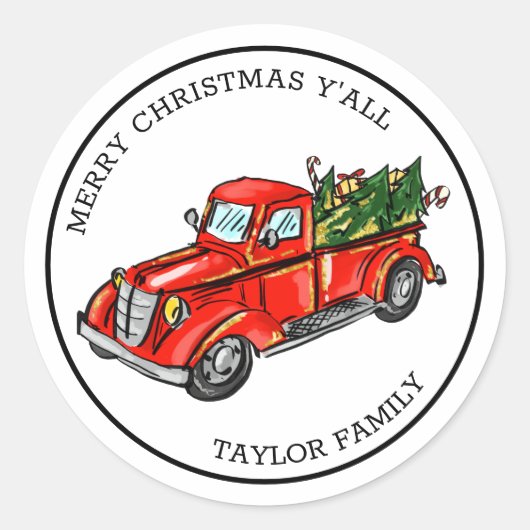 Vrolijk kerstfeest Y'all rode truck Ronde Sticker (Voorkant)