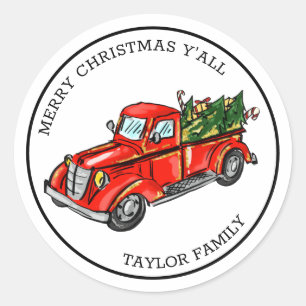 Vrolijk kerstfeest Y'all rode truck Ronde Sticker