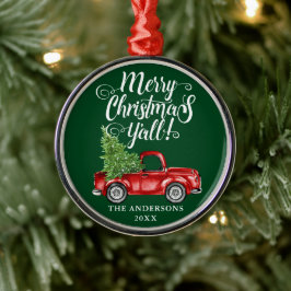 Vrolijk Kerstfeest Y'all Rode Vrachtwagen Rond Gro Metalen Ornament