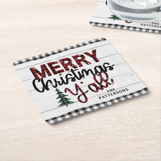 Vrolijk kerstfeest Y'all Rustic Pset Trees Name Kartonnen Onderzetters (Schuin)