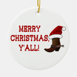Vrolijk kerstfeest Y'all - Santa Boot (White Back) Keramisch Ornament