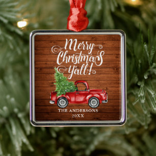 Vrolijk kerstfeest Y'all Wood Red Truck Square Metalen Ornament