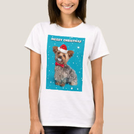 Vrolijk kerstfeest Yorkie Dog in Santa Hat glimlac T-shirt