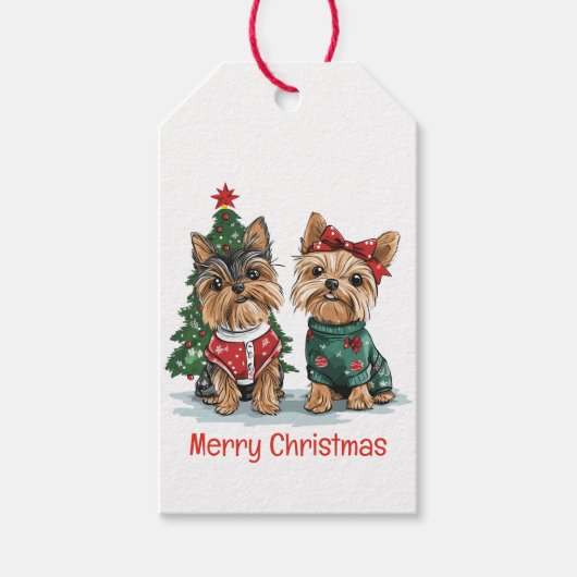 Vrolijk Kerstfeest Yorkie Honden Cadeaulabel (Voorkant)