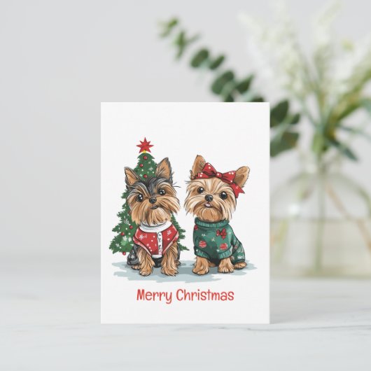 Vrolijk Kerstfeest Yorkie Honden Feestdagenkaart (Staand voorkant)