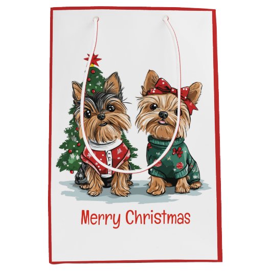 Vrolijk Kerstfeest Yorkie Honden Medium Cadeauzakje (Voorkant)