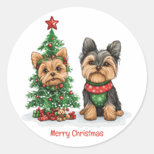 Vrolijk Kerstfeest Yorkie Honden Ronde Sticker
