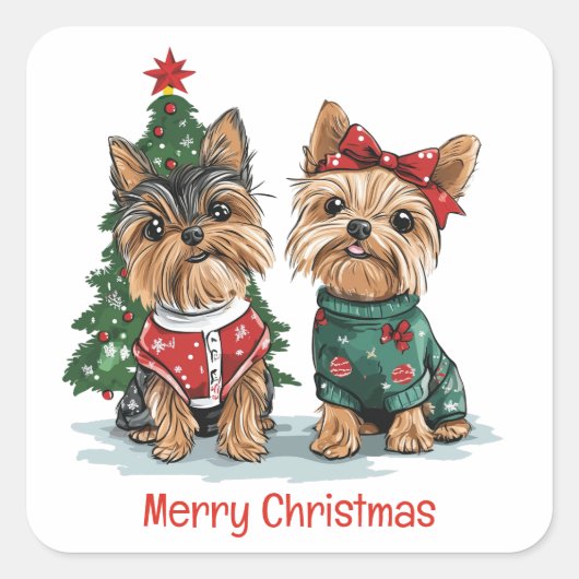 Vrolijk Kerstfeest Yorkie Honden Vierkante Sticker (Voorkant)