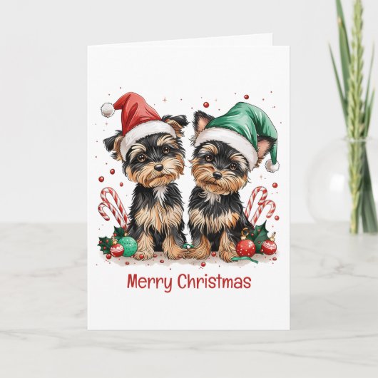 Vrolijk Kerstfeest Yorkshire Terrier Honden Feestdagen Kaart (Voorkant)