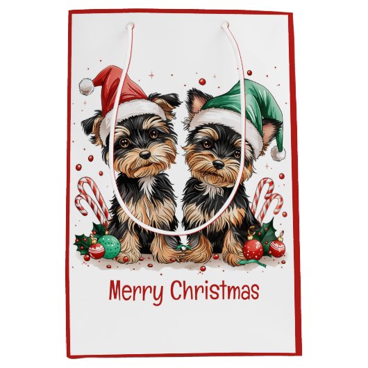Vrolijk Kerstfeest Yorkshire Terrier Honden Medium Cadeauzakje (Voorkant)