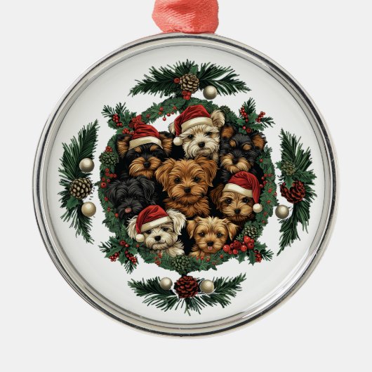 Vrolijk Kerstfeest Yorkshire Terrier Honden Metalen Ornament (Voorkant)