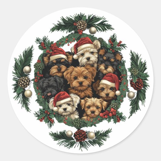 Vrolijk Kerstfeest Yorkshire Terrier Honden Ronde Sticker (Voorkant)