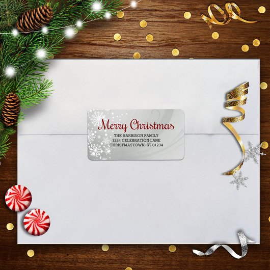 Vrolijk kerstfeest (zilver/rood) Snowfrost Etiket