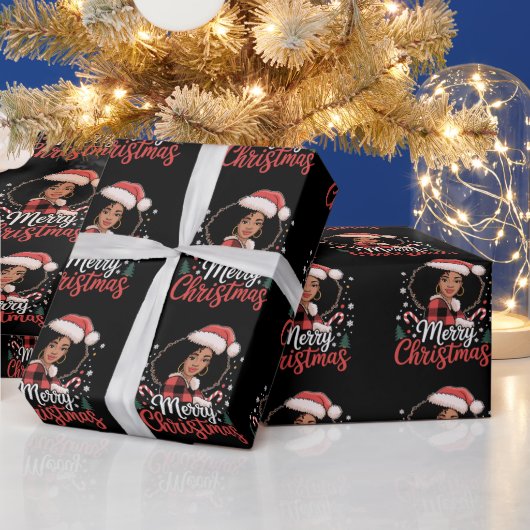 Vrolijk Kerstfeest Zwart Afrikaans Meisje Santa Ha Cadeaupapier (Feestdagen)