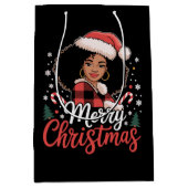 Vrolijk Kerstfeest Zwart Afrikaans Meisje Santa Ha Medium Cadeauzakje (Voorkant)