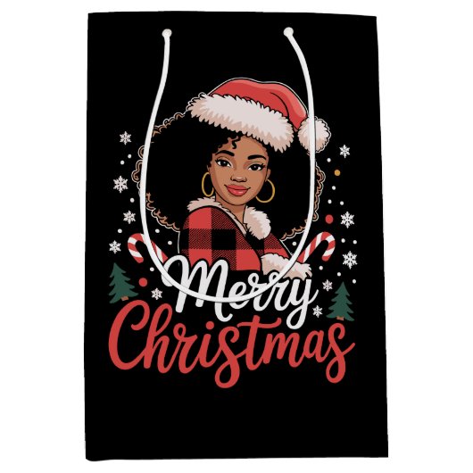 Vrolijk Kerstfeest Zwart Afrikaans Meisje Santa Ha Medium Cadeauzakje (Voorkant)