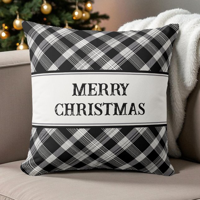 Vrolijk Kerstfeest Zwart en Wit Geplaagd Modern Ke Kussen (Merry Christmas Black and White Plaid Modern Xmas Throw Pillow)