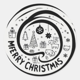 Vrolijk kerstfeest zwart en wit ronde sticker