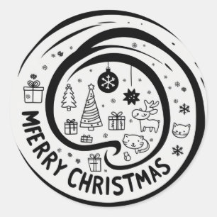 Vrolijk kerstfeest zwart en wit ronde sticker