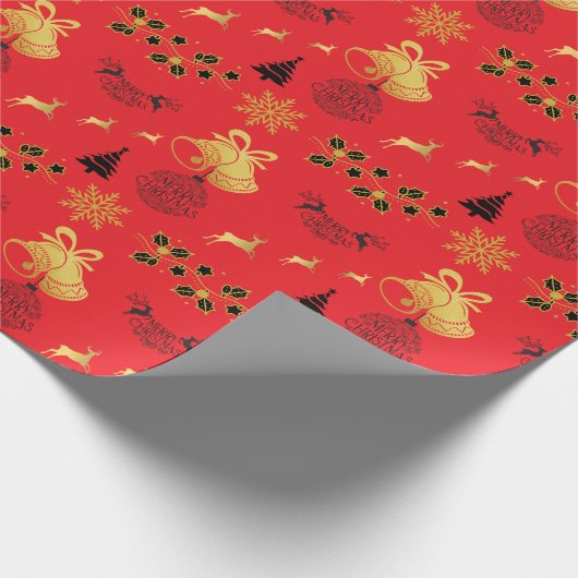 Vrolijk Kerstfeest Zwart, Goud met Rendier, Bell R Cadeaupapier (Hoek)