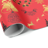 Vrolijk Kerstfeest Zwart, Goud met Rendier, Bell R Cadeaupapier (Rol Hoek)