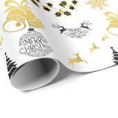 Vrolijk Kerstfeest Zwart, Goud met Rendier, Bell W Cadeaupapier (Rol Hoek)