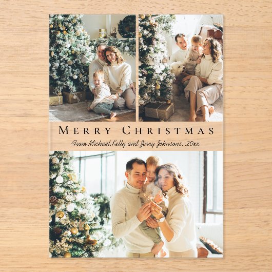 Vrolijk Kerstfeest Zwart Script 3 Foto's Vakantie Acryl Uitnodigingen (Voorkant)