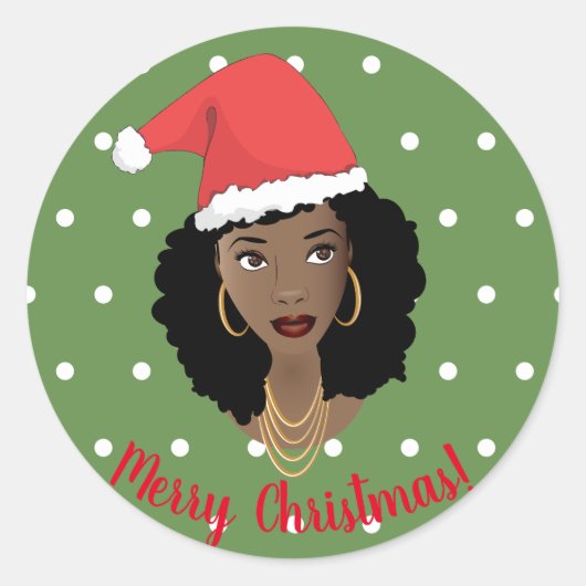 vrolijk kerstfeest! Zwart Vrouw, Santa Hoed Stippe Ronde Sticker (Voorkant)