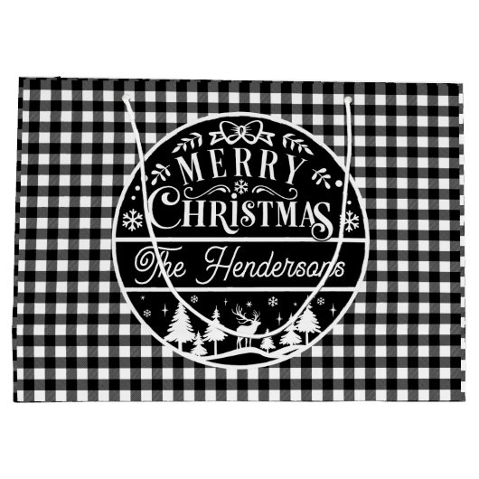 Vrolijk Kerstfeest Zwart & Wit Buffalo Plaid Custo Groot Cadeauzakje (Achterkant)