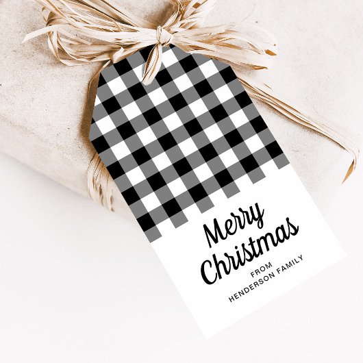Vrolijk kerstfeest zwart-wit cheques cadeaulabel