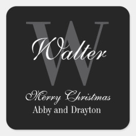 Vrolijk Kerstfeest Zwart-wit Custom Monogram Vierkante Sticker