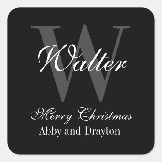 Vrolijk Kerstfeest Zwart-wit Custom Monogram Vierkante Sticker (Voorkant)