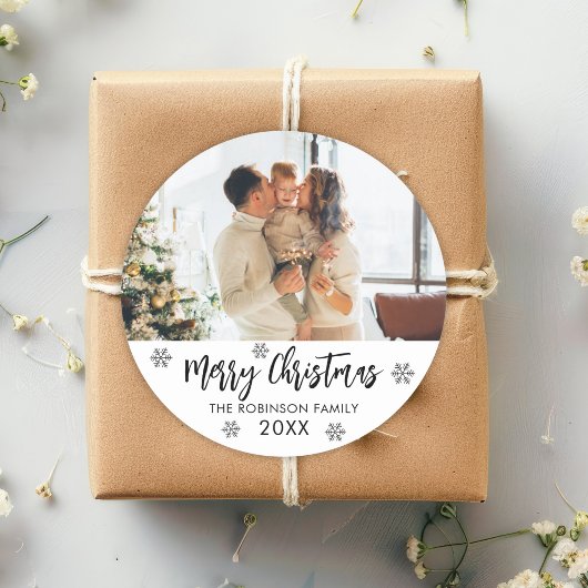 Vrolijk Kerstfeest Zwart Wit Sneeuwvlok Familiefot Ronde Sticker