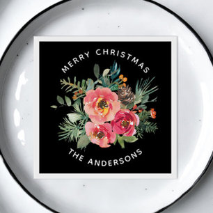 vrolijk kerstfeest. Zwarte bloemige dennentak Vaka Servet