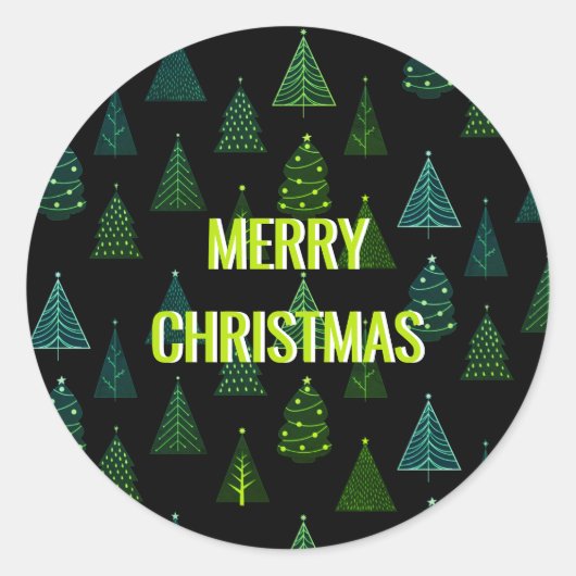 Vrolijk kerstfeest! Zwarte en groene kerstbomen Ronde Sticker (Voorkant)